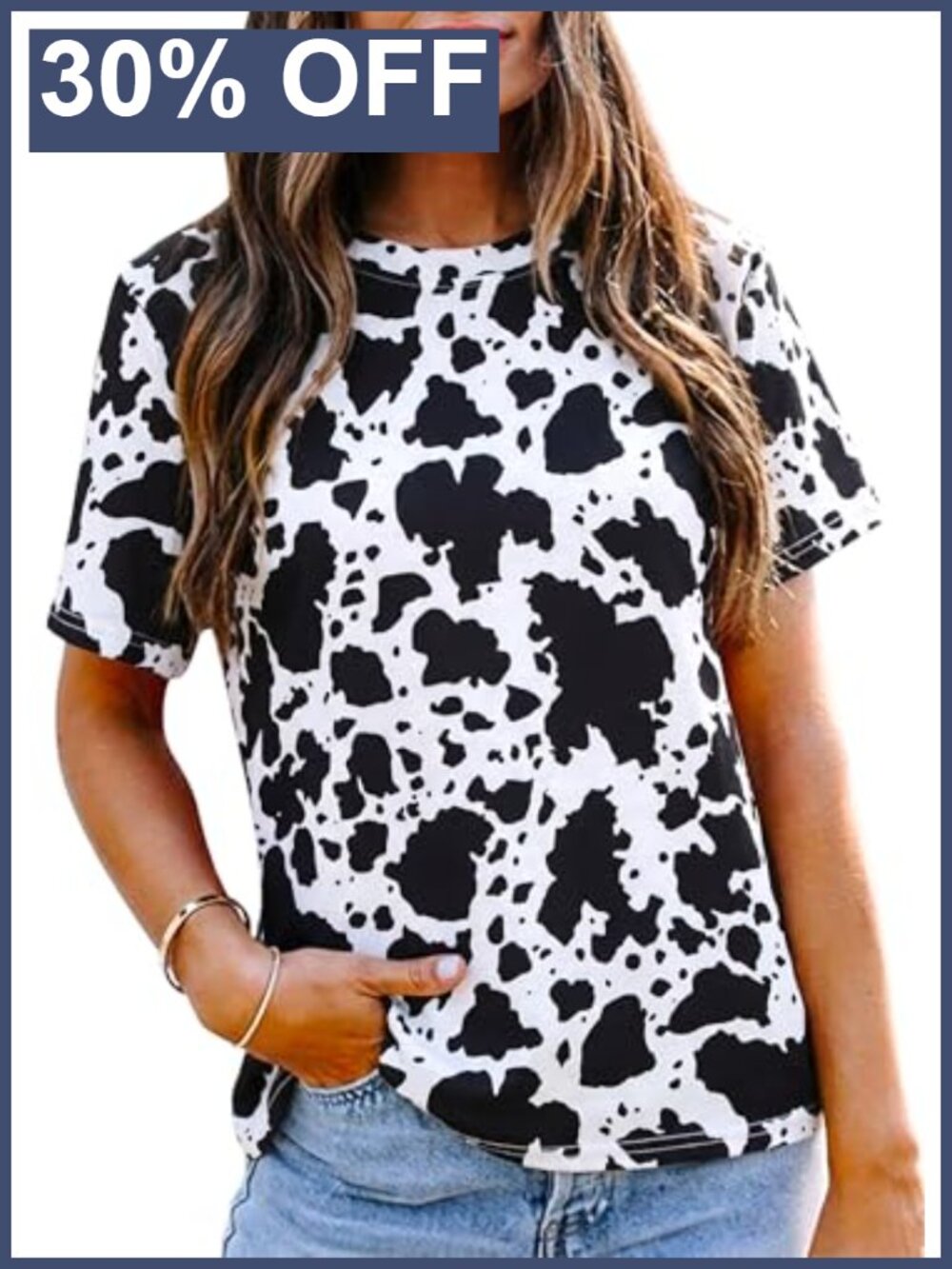 Women's Western Cow Print Short Sleeve Crew Neck T-Shirt Casual Top